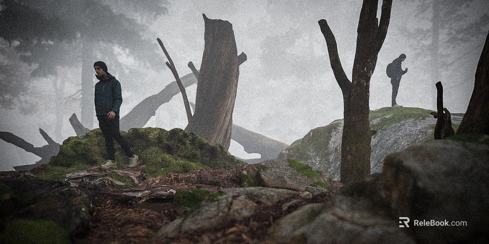 Scenic Misty Mountain Forest Landscape With Fallen Trees Mossy Rocks And Two Hikers 3d model 