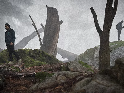 Scenic Misty Mountain Forest Landscape With Fallen Trees Mossy Rocks And Two Hikers 3d model