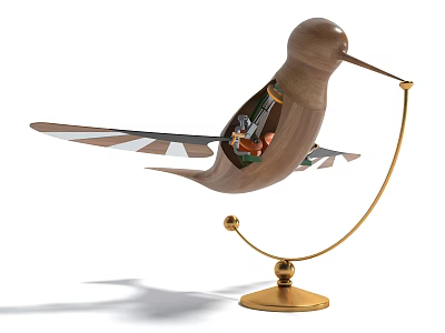 Wooden Bird Shaped Decorative Ornament Set With Brass Stand And Mechanical Details 3d model
