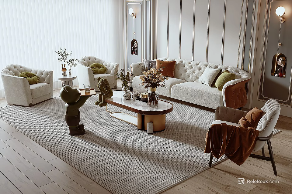 Elegant Living Room Sofa And Coffee Table Set With Decorative Pillows Area Rug And Flowers 3d model 