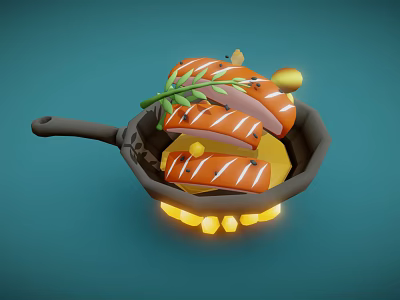 Grilled Sausages In Frying Pan With Herbs Lemon Slices And Flames On Blue Background 3d model