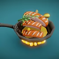 Grilled Sausages In Frying Pan With Herbs Lemon Slices And Flames On Blue Background