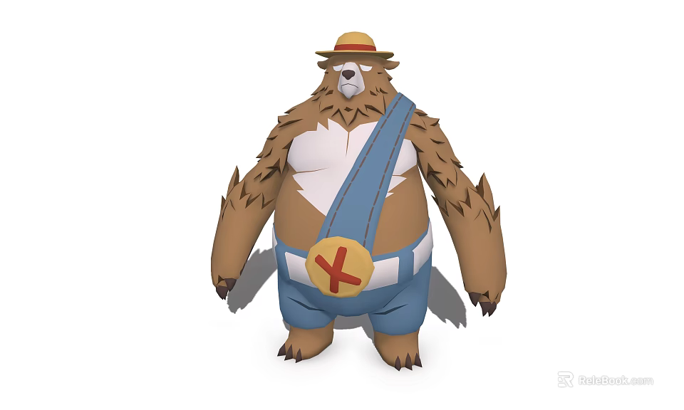 Furry Bear Like Game Movie Character With Straw Hat Blue Overalls And Yellow Cross Emblem 3d model 