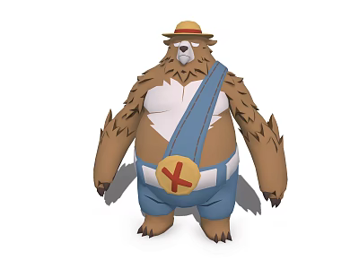 Furry Bear Like Game Movie Character With Straw Hat Blue Overalls And Yellow Cross Emblem 3d model