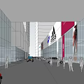 Modern Commercial Street With Glass Facades Billboards Trees And Pedestrians