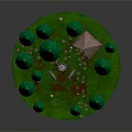 Floating Island Scene With Green Pine Trees And Small Tent On Rocky Base