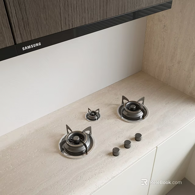 Modern Kitchen Cabinets With Samsung Gas Stoves And Light Colored Countertop 3d model 