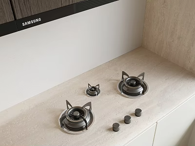 Modern Kitchen Cabinets With Samsung Gas Stoves And Light Colored Countertop 3d model