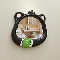 Cute Bear Shaped Mirror With Black Frame Pink Ears Green Decoration Reflecting Bedroom Bed Nightstand