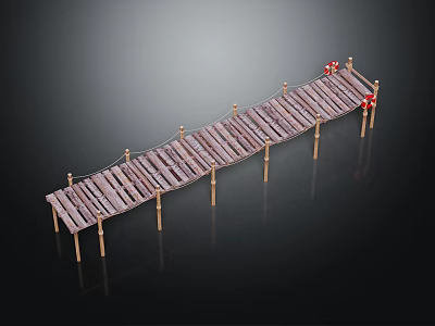 Wooden Plank Bridge Structure With Support Posts Rope Railings And Red Decorations 3d model