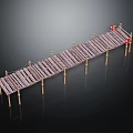 Wooden Plank Bridge Structure With Support Posts Rope Railings And Red Decorations 3d model