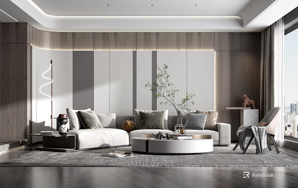 Modern Living Room Interior With Upholstered Sofa Accent Wall Spiral Floor Lamp And Geometric Rug 3d model 