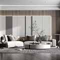 Modern Living Room Interior With Upholstered Sofa Accent Wall Spiral Floor Lamp And Geometric Rug