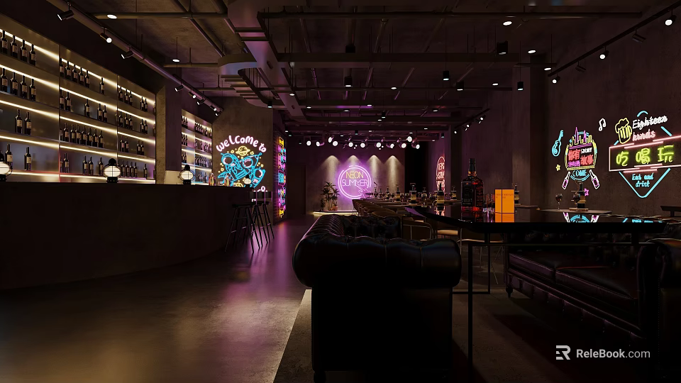 Stylish Modern Bar Interior Design With Neon Lights Comfortable Seating And Bar Counter 3d model 