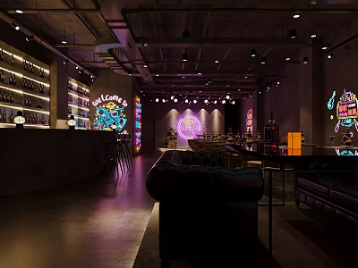 Stylish Modern Bar Interior Design With Neon Lights Comfortable Seating And Bar Counter 3d model