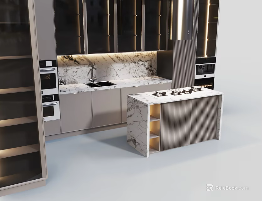 Modern Kitchen Interior With Dark Cabinets Marble Island Countertop And Appliances 3d model 