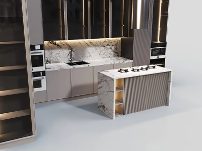 Modern Kitchen Interior With Dark Cabinets Marble Island Countertop And Appliances 3d model