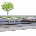 Garden Ornament Landscape With Water Feature Green Lawn Tree And Paved Platform