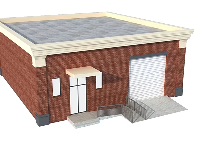 Red Brick Building Exterior With Flat Roof White Garage Door Entrance Awning And Steps Railing 3d model