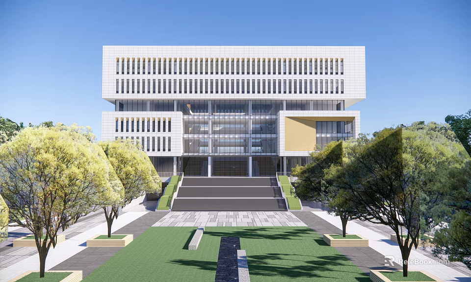 Modern School Building Exterior With Front Steps Green Lawn And Trees On Campus 3d model 