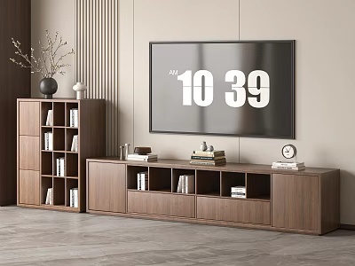 Wooden TV Stand in Modern Living Room with Books Decor and Adjacent Shelf Unit 3d model