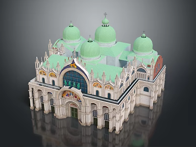 Classical Style Building With Green Domes White Exterior And Arched Windows 3d model