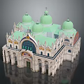Classical Style Building With Green Domes White Exterior And Arched Windows 3d model