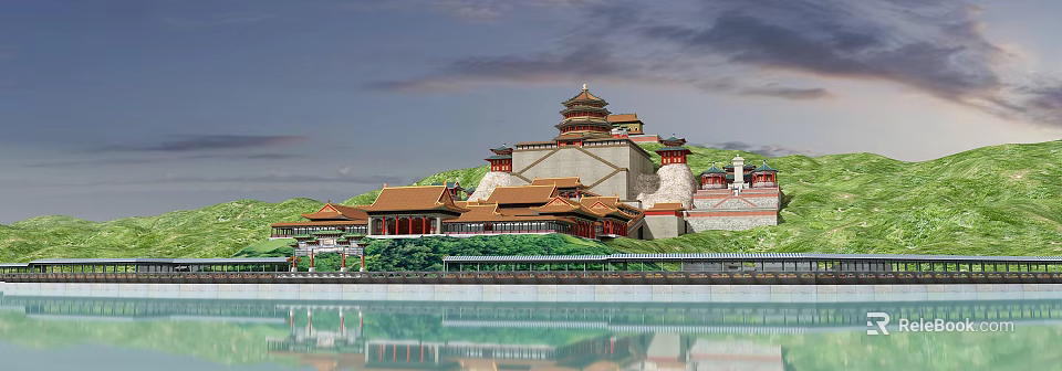 Traditional Chinese Ancient Architecture With Yellow Roofs Red Pillars And Water Reflection 3d model 