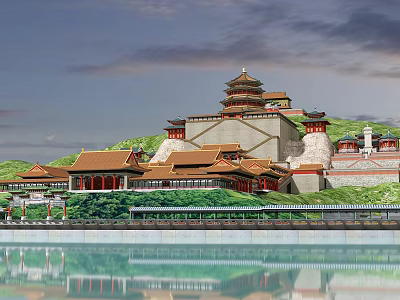 Traditional Chinese Ancient Architecture With Yellow Roofs Red Pillars And Water Reflection 3d model