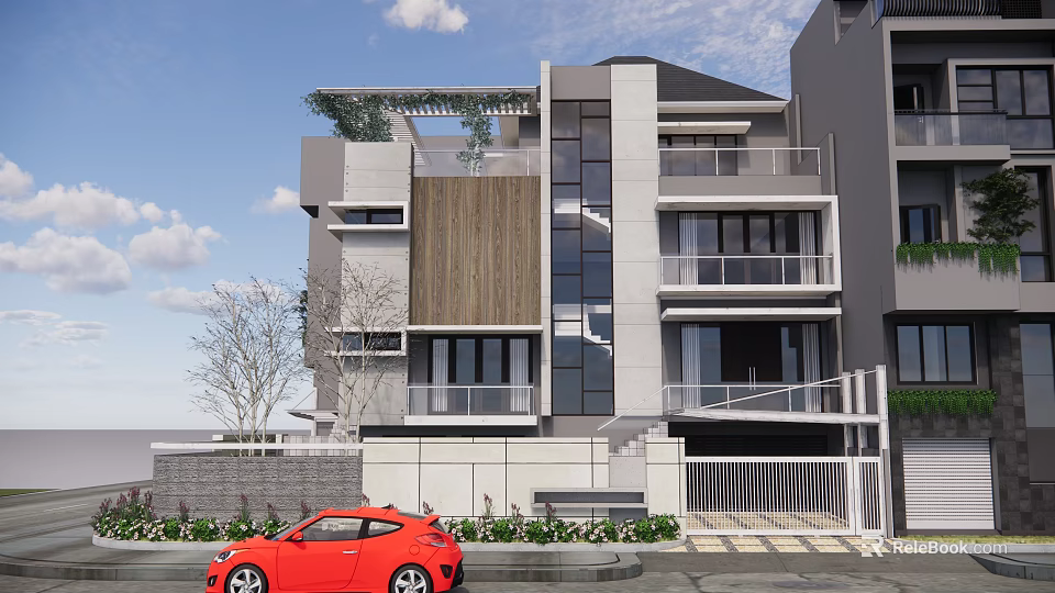 Modern Detached Villa Exterior With Large Glass Windows Wooden Accent Balconies And Roof Greenery 3d model 