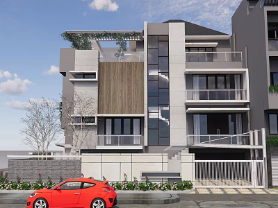 Modern Detached Villa Exterior With Large Glass Windows Wooden Accent Balconies And Roof Greenery 3d model