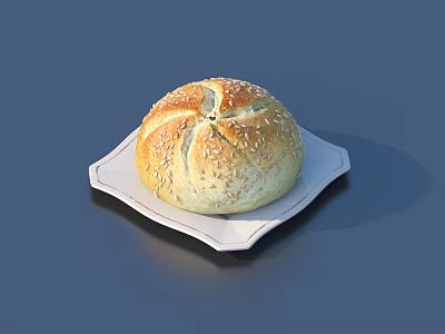 Fresh Round Bread with Sesame Seeds and Cross Shaped Cut on White Plate 3d model