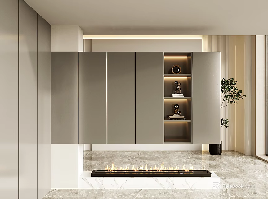 Modern Entryway Hallway With Grey Cabinet Built-in Shelf Decorative Items Green Plant And Marble Floor 3d model 