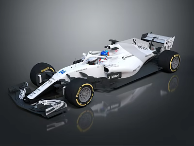 White F1 Racing Car Featuring Black Accents Sponsor Logos And Aerodynamic Body 3d model