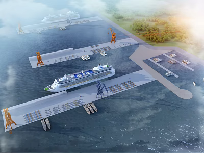 Scenic Waterfront View with Cruise Ship Docked at Port and Cranes Under Clear Sky 3d model