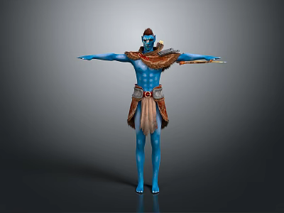 Blue Skinned Game And Movie Character With Red Headdress Brown Attire Arms Outstretched Holding Weapon 3d model