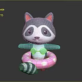 Cartoon Raccoon with Pink Ears Blue Bow Tie Striped Tail on Polka Dot Swim Ring