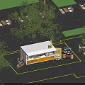Container Building Coffee Shop Design Outdoor Seating Area With Trees And Signboards