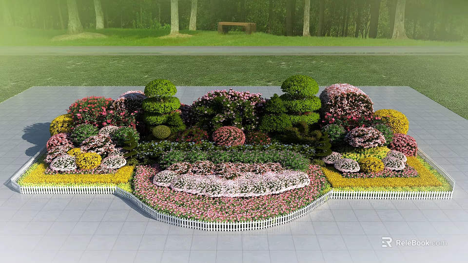 Roadside Traffic Island Landscaping With Trimmed Hedges And Colorful Flowers 3d model 
