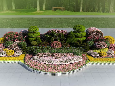 Roadside Traffic Island Landscaping With Trimmed Hedges And Colorful Flowers 3d model