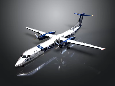 Aerospatiale Twin Propeller Airplane With White Fuselage Blue Tail And Wings On Black Background 3d model