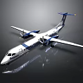 Aerospatiale Twin Propeller Airplane With White Fuselage Blue Tail And Wings On Black Background