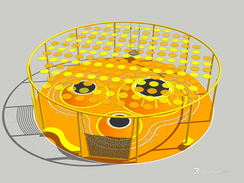 Circular Yellow Playground Equipment With Grid Fence Holes Slide And Climbing Net 3d model 