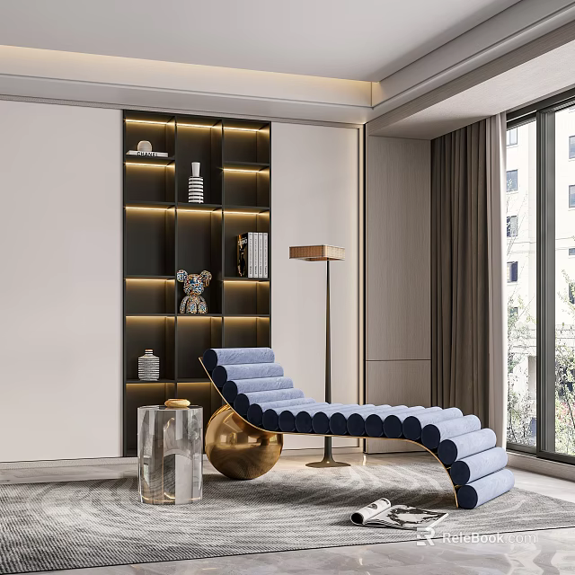 Blue Tufted Chaise Lounge In Modern Interior With Gold Decor Floor Lamp And Black Bookshelf 3d model 