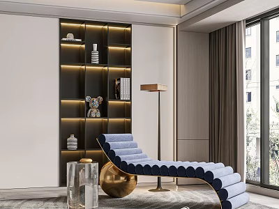 Blue Tufted Chaise Lounge In Modern Interior With Gold Decor Floor Lamp And Black Bookshelf 3d model