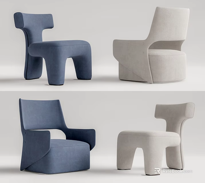 Modern Blue and Beige Upholstered Accent Chairs with Unique Armrest and Curved Leg Design 3d model 