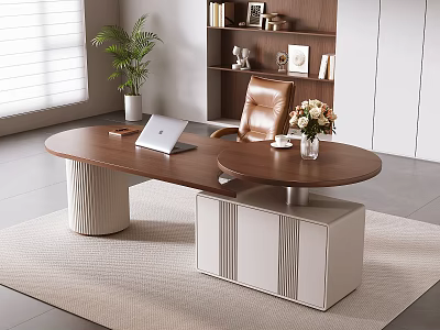 Modern Luxury Wooden Executive Desk With Attached Round Side Table For Stylish Home Office Space 3d model