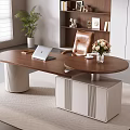 Modern Luxury Wooden Executive Desk With Attached Round Side Table For Stylish Home Office Space