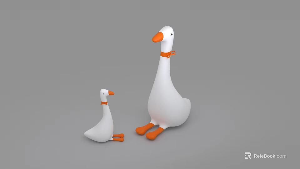 White Goose Plush Toys Large And Small With Orange Beaks Feet And Neck Rings 3d model 