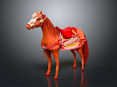 Elegant Brown Horse Adorned With Red Embroidered Saddle And Decorative Bridle 3d model